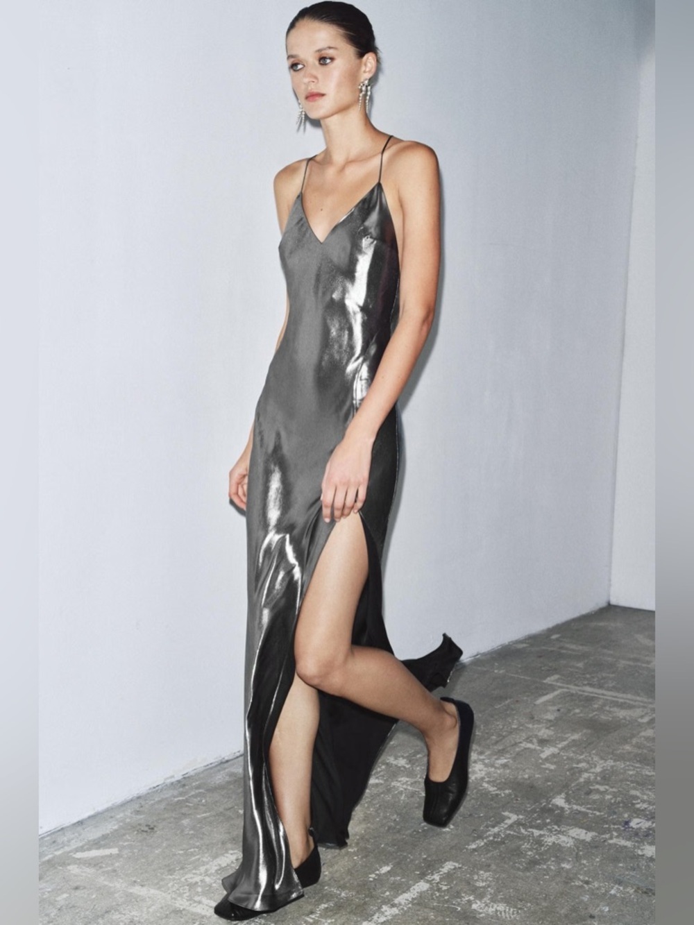 NWT Zara Metallic Slip Dress Spaghetti Strap Thigh Slit V-Neck Low Back XS